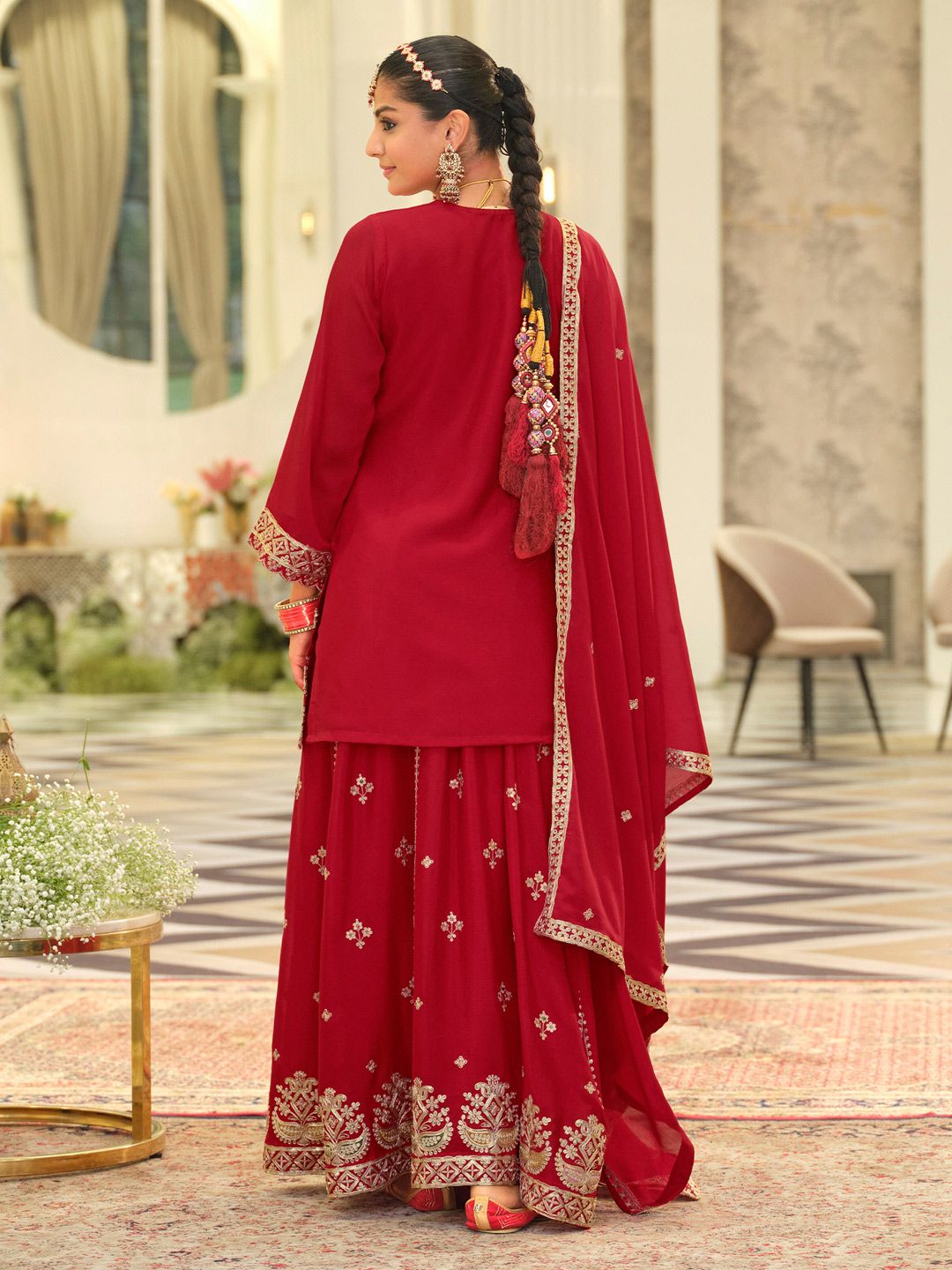 Ethnic Motifs Embroidered Kurta With Palazzos & Dupatta