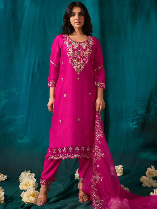 Dhiyona IE Women Floral Embroidered Beads and Stones Kurta with Trousers & Dupatta