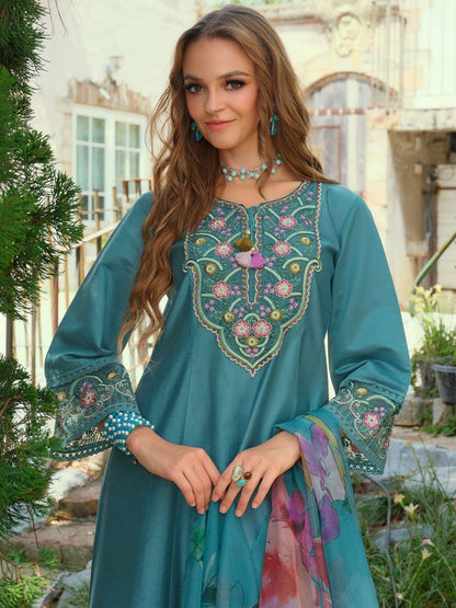 Women Floral Embroidered Regular Thread Work Liva Kurta with Trousers & With Dupatta