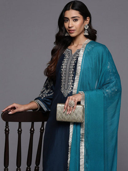 Dhiyona VA Women'sFloral Yoke Design Notch Neck Zari Straight Kurta With Trousers & Dupatta