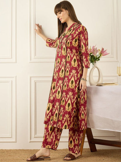 Floral Printed Thread Work Pure Cotton Kurta With Palazzos