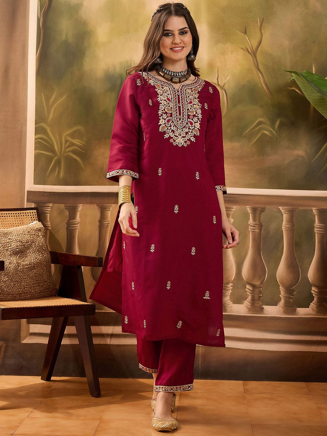 Dhiyona SN Women's Floral Embroidered Notch Neck Straight Kurta With Trousers & Dupatta