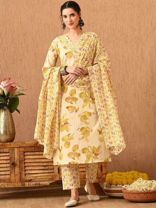 Women's Floral Printed Regular Thread Work Pure Cotton Kurta with Trousers & With Dupatta
