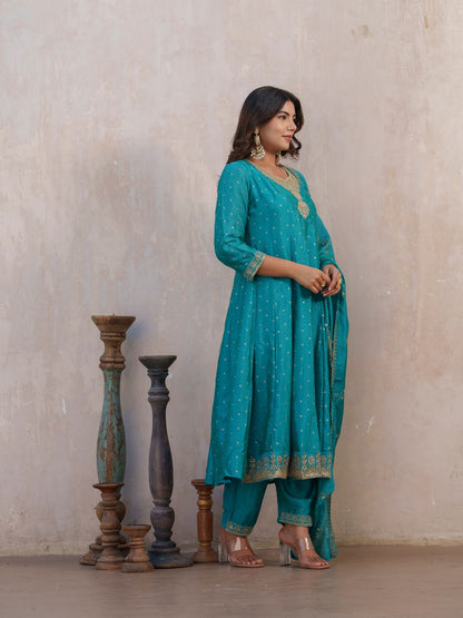 Dhiyona PD Women Bandhani Printed Panelled Anarkali Kurta With Trouser & Dupatta