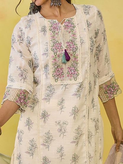 Women Floral Printed Regular Thread Work Pure Cotton Kurta with Trousers & With Dupatta