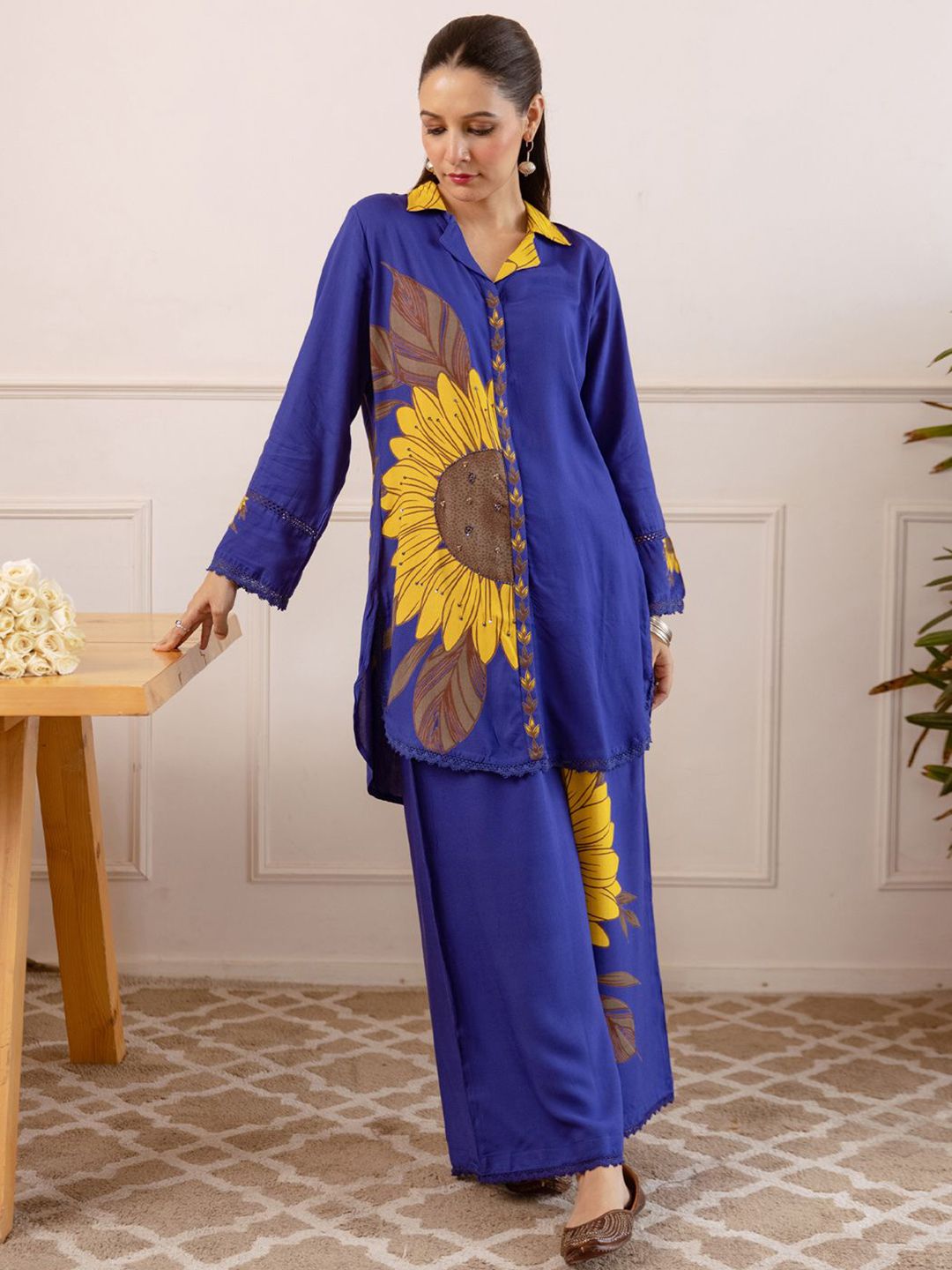 Dhiyona IE Printed Mandarin Collar Long Sleeves Shirt & Palazzo