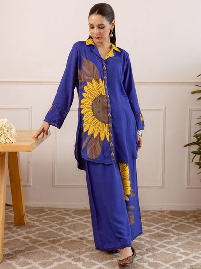 Dhiyona IE Printed Mandarin Collar Long Sleeves Shirt & Palazzo