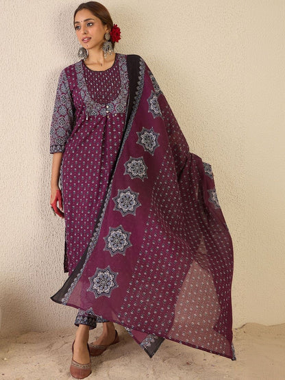Women Ethnic Motifs Printed Regular Thread Work Pure Cotton Kurta with Trousers & With Dupatta