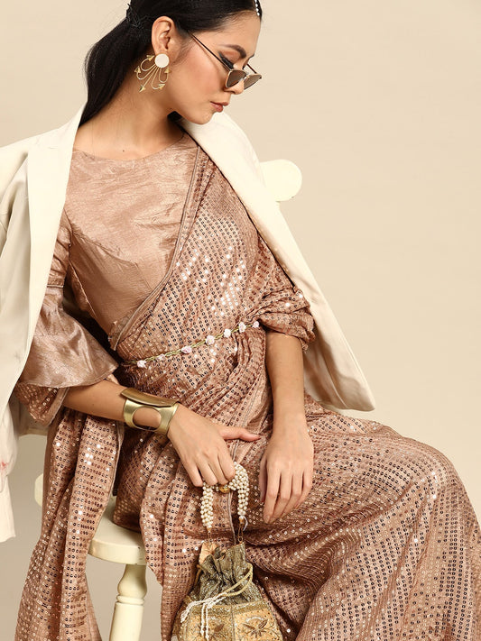 Dhiyona TI Women's Beige Crepe Sequins Saree with Unstitched Blouse