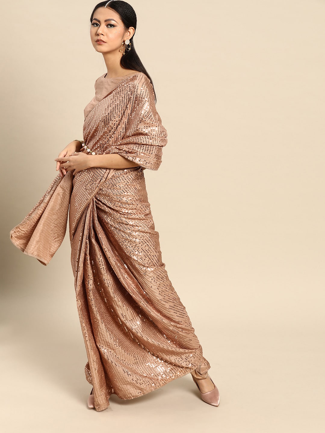 Dhiyona TI Women's Beige Crepe Sequins Saree with Unstitched Blouse