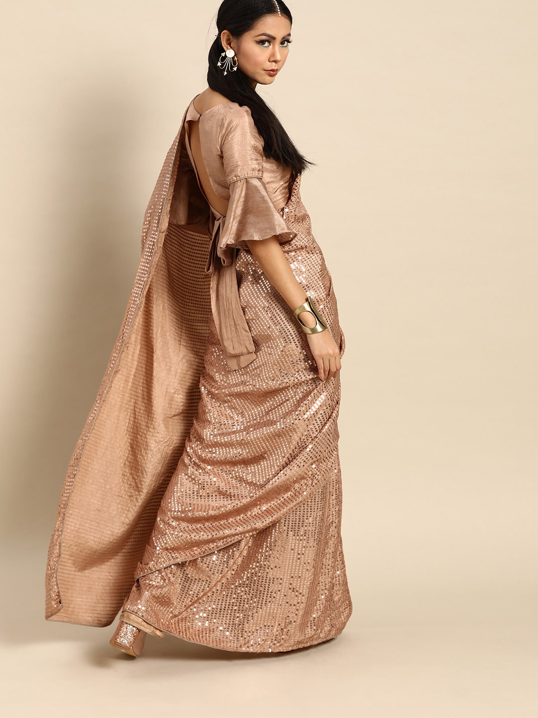 Dhiyona TI Women's Beige Crepe Sequins Saree with Unstitched Blouse