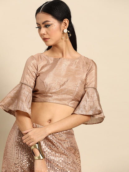 Dhiyona TI Women's Beige Crepe Sequins Saree with Unstitched Blouse