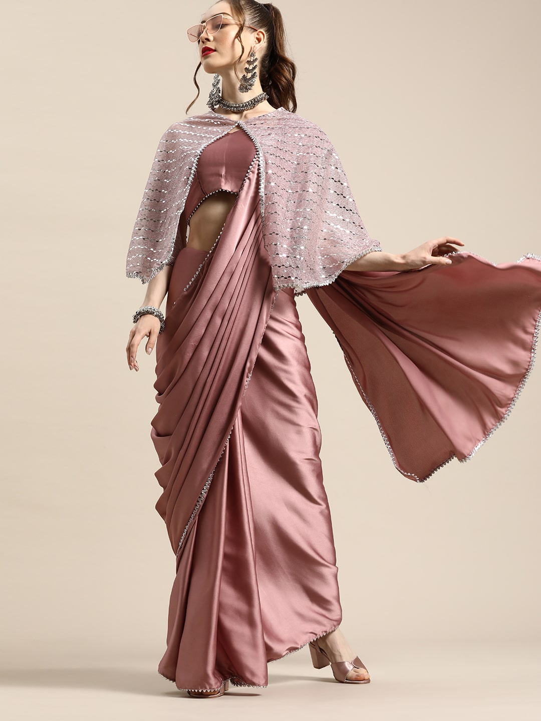Dhiyona TI Women's Pink Soli Poly Satin Saree with Embellished Cape with Unstitched Blouse