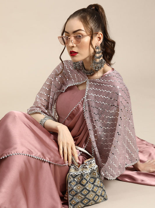 Dhiyona TI Women's Pink Soli Poly Satin Saree with Embellished Cape with Unstitched Blouse