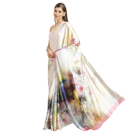 Dhiyona TI Women's Multi-Color Printed Satin Saree with Unstitched Blouse