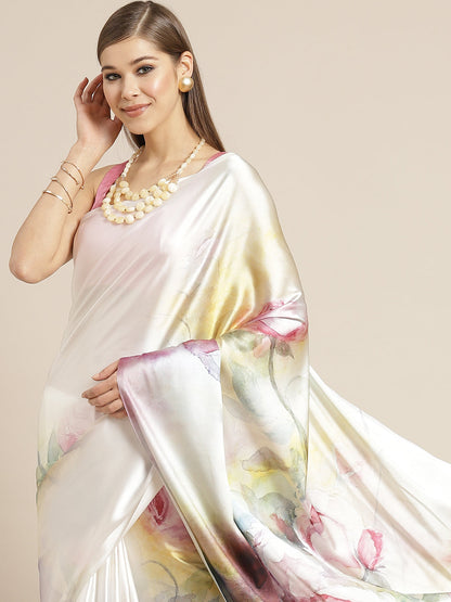 Dhiyona TI Women's Multi-Color Printed Satin Saree with Unstitched Blouse