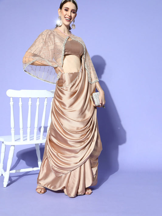 Dhiyona TI Women's Silver Solid Poly Satin Saree with Embellished Cape with Unstitched Blouse