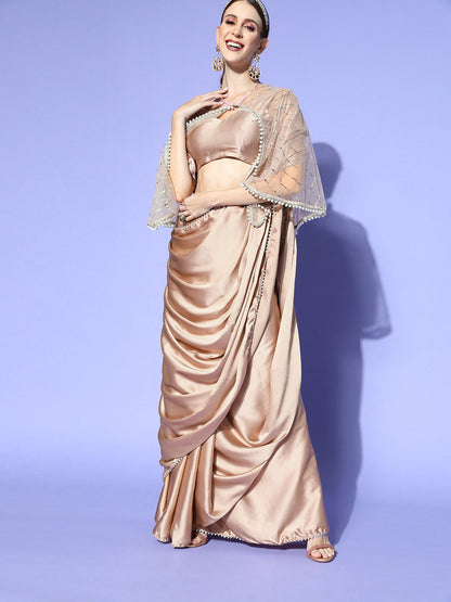 Dhiyona TI Women's Silver Solid Poly Satin Saree with Embellished Cape with Unstitched Blouse