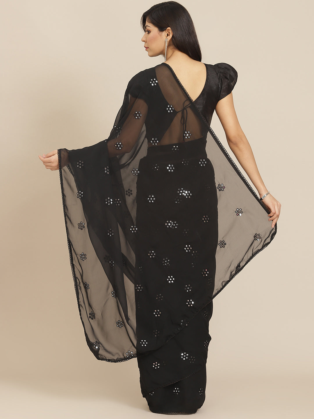 Dhiyona TI Women's Black Georgette Embroidered Mirror-Work Saree with Unstitched Blouse
