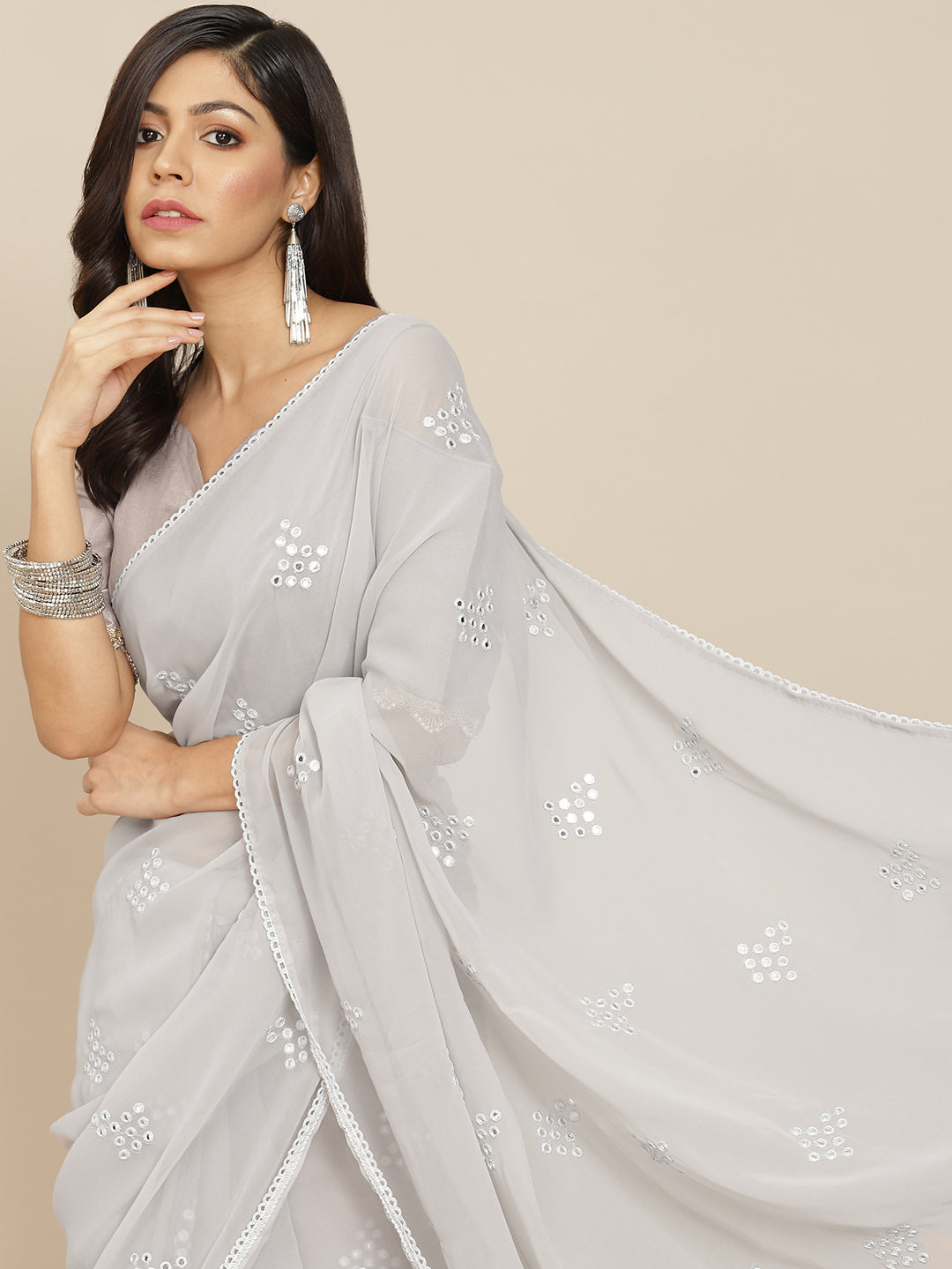 Dhiyona TI Women's Silver Georgette Embroidered Mirror-Work Saree with Unstitched Blouse