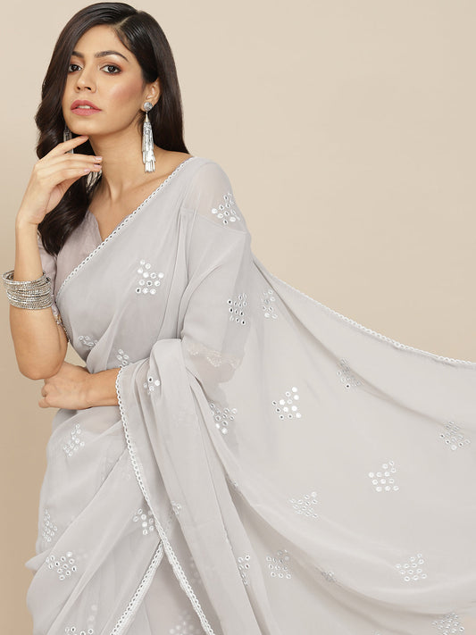 Dhiyona TI Women's Silver Georgette Embroidered Mirror-Work Saree with Unstitched Blouse