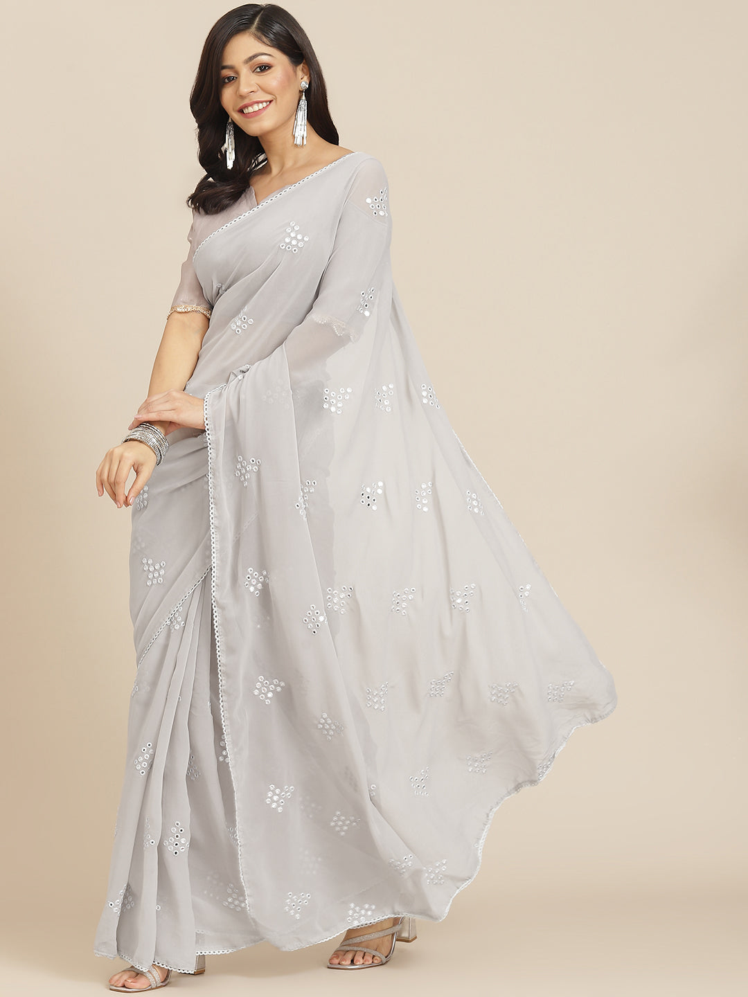 Dhiyona TI Women's Silver Georgette Embroidered Mirror-Work Saree with Unstitched Blouse