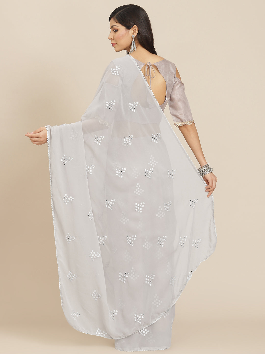 Dhiyona TI Women's Silver Georgette Embroidered Mirror-Work Saree with Unstitched Blouse