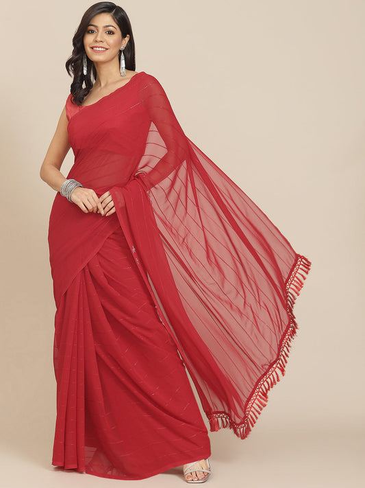 Dhiyona TI Women's Red Striped Polyester Saree with Tassels with Unstitched Blouse