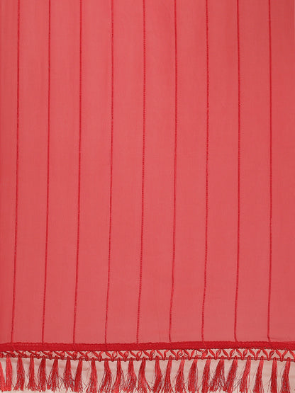 Dhiyona TI Women's Red Striped Polyester Saree with Tassels with Unstitched Blouse