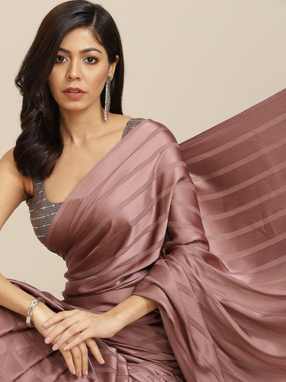 Dhiyona TI Women's Mauve Striped Polyester Saree with Tassels with Unstitched Blouse