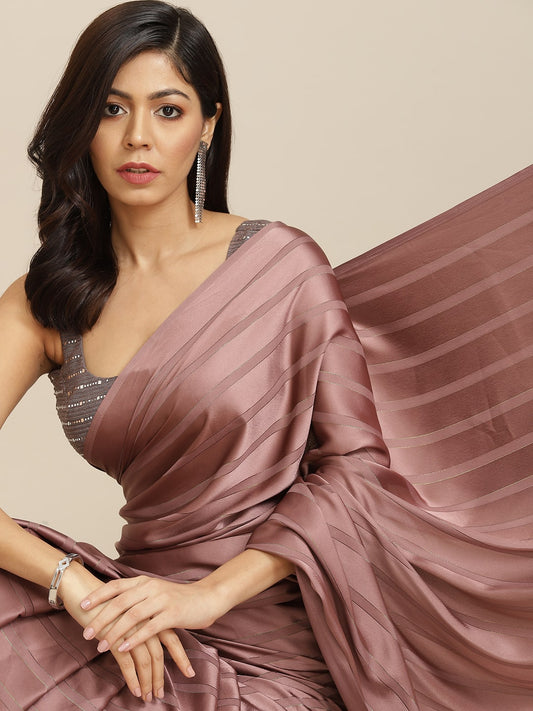 Dhiyona TI Women's Mauve Striped Polyester Saree with Tassels with Unstitched Blouse