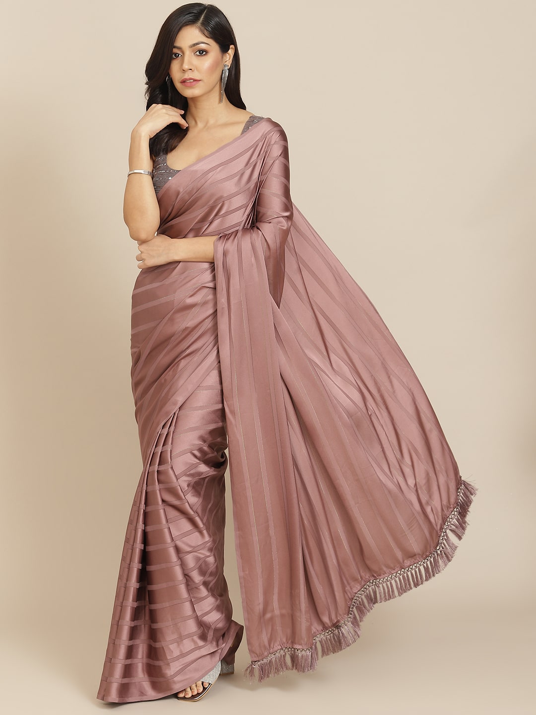 Dhiyona TI Women's Mauve Striped Polyester Saree with Tassels with Unstitched Blouse