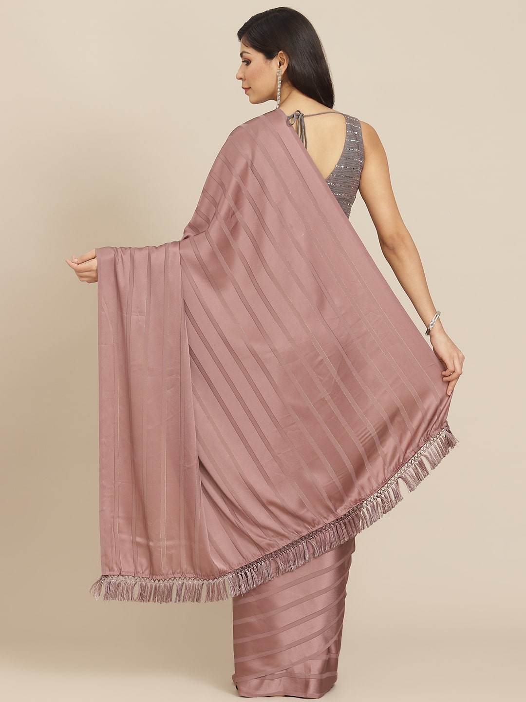 Dhiyona TI Women's Mauve Striped Polyester Saree with Tassels with Unstitched Blouse