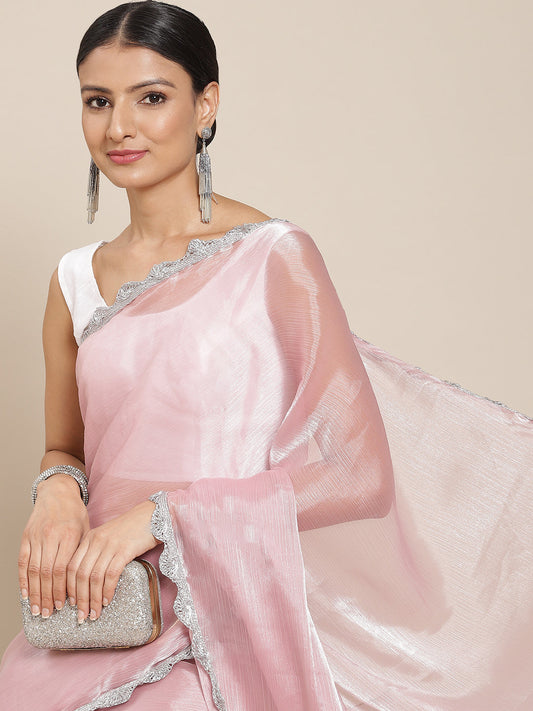 Dhiyona TI Women's Pink Solid Embellished Border Chiffon Saree with Unstitched Blouse