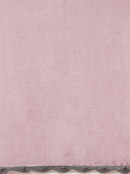 Dhiyona TI Women's Pink Solid Embellished Border Chiffon Saree with Unstitched Blouse
