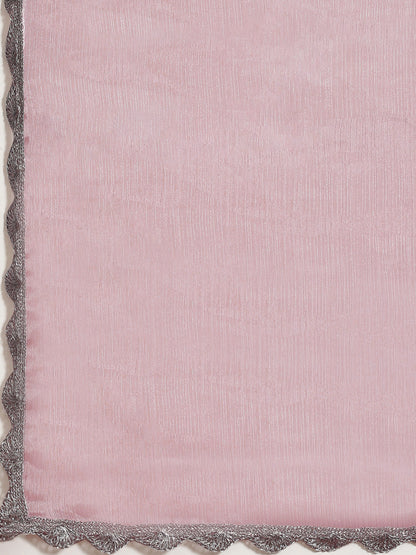 Dhiyona TI Women's Pink Solid Embellished Border Chiffon Saree with Unstitched Blouse