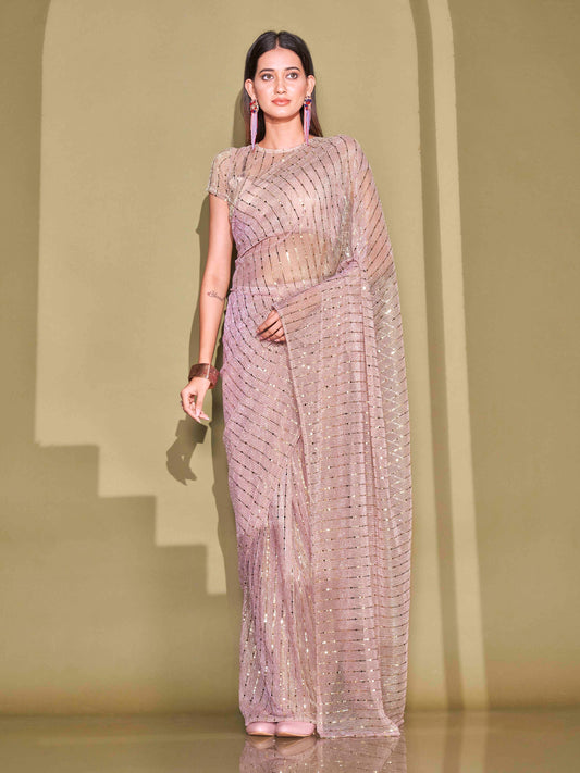 Dhiyona TI Women's Ready To Wear Pink Foil Embellished Saree with Unstitched Blouse