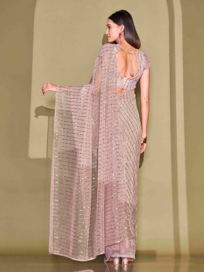 Dhiyona TI Women's Ready To Wear Pink Foil Embellished Saree with Unstitched Blouse