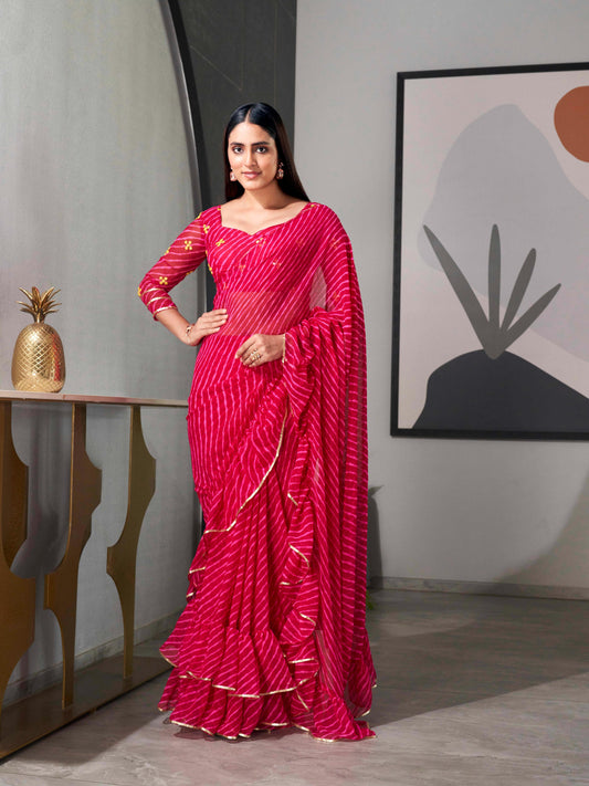 Dhiyona TI Women's Pink Colored Leheriya Saree with Frill with Unstitched Blouse
