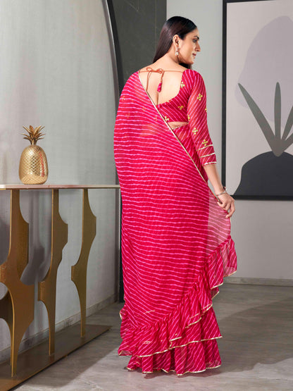 Dhiyona TI Women's Pink Colored Leheriya Saree with Frill with Unstitched Blouse