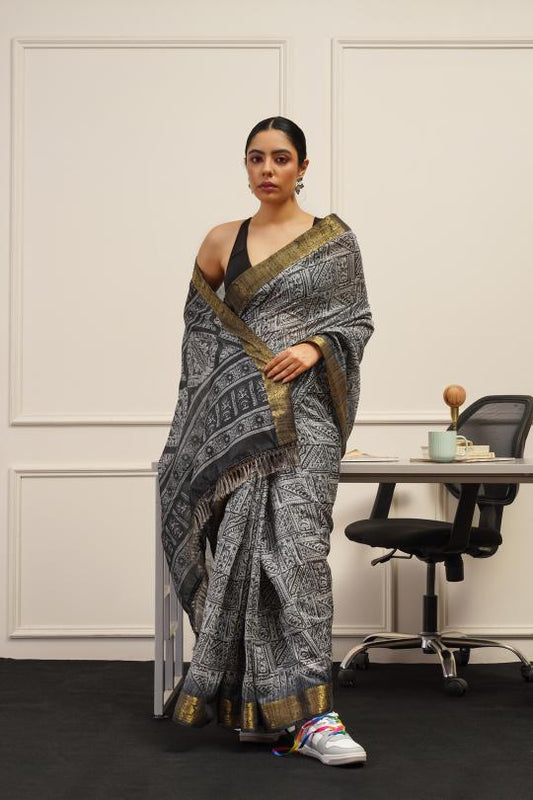 Dhiyona TI Women's Ready To Wear Grey Polycotton Handloom Saree with Unstitched Blouse