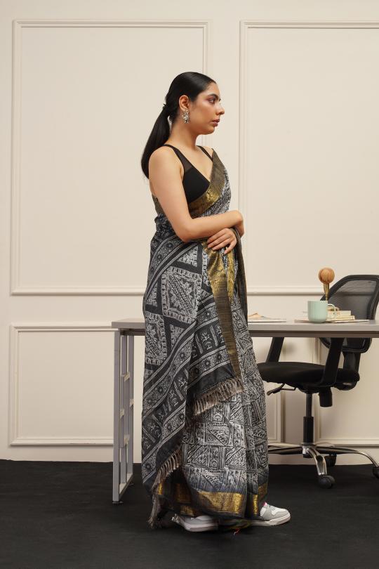 Dhiyona TI Women's Ready To Wear Grey Polycotton Handloom Saree with Unstitched Blouse