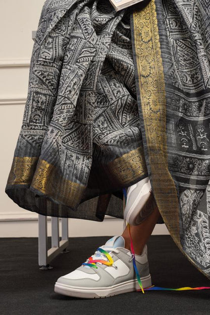 Dhiyona TI Women's Ready To Wear Grey Polycotton Handloom Saree with Unstitched Blouse