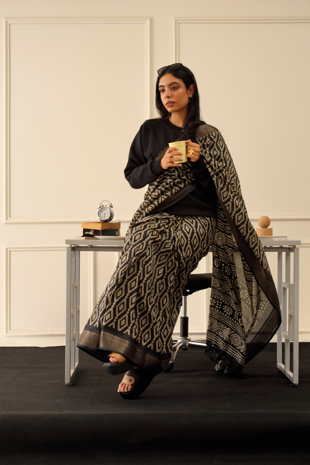 Dhiyona TI Women's Ready To Wear Black Ajarakh Block Printed Saree with Unstitched Blouse