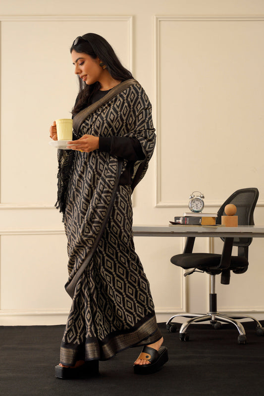 Dhiyona TI Women's Ready To Wear Black Ajarakh Block Printed Saree with Unstitched Blouse