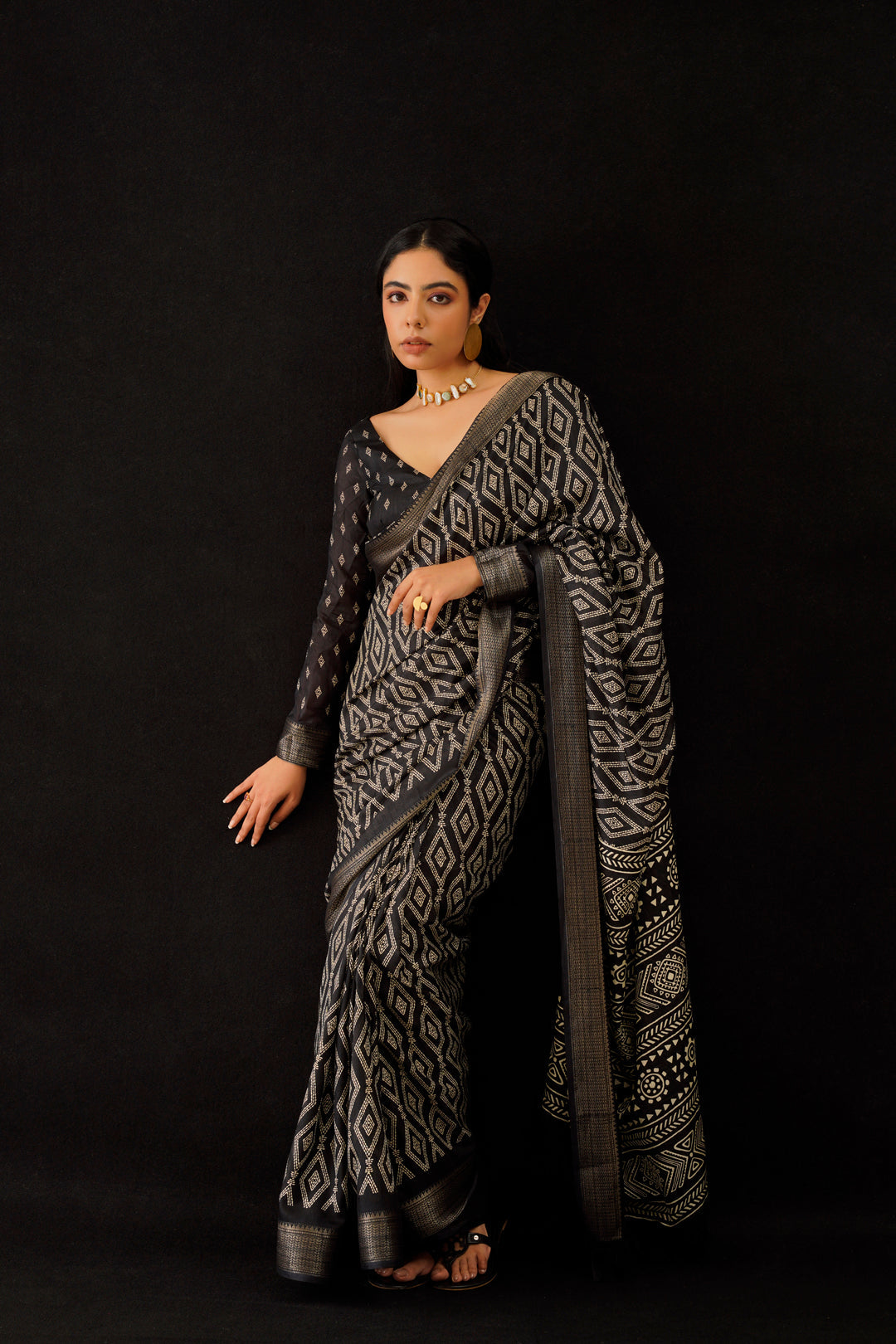 Dhiyona TI Women's Ready To Wear Black Ajarakh Block Printed Saree with Unstitched Blouse