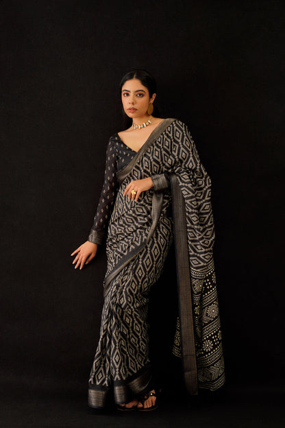 Dhiyona TI Women's Ready To Wear Black Ajarakh Block Printed Saree with Unstitched Blouse