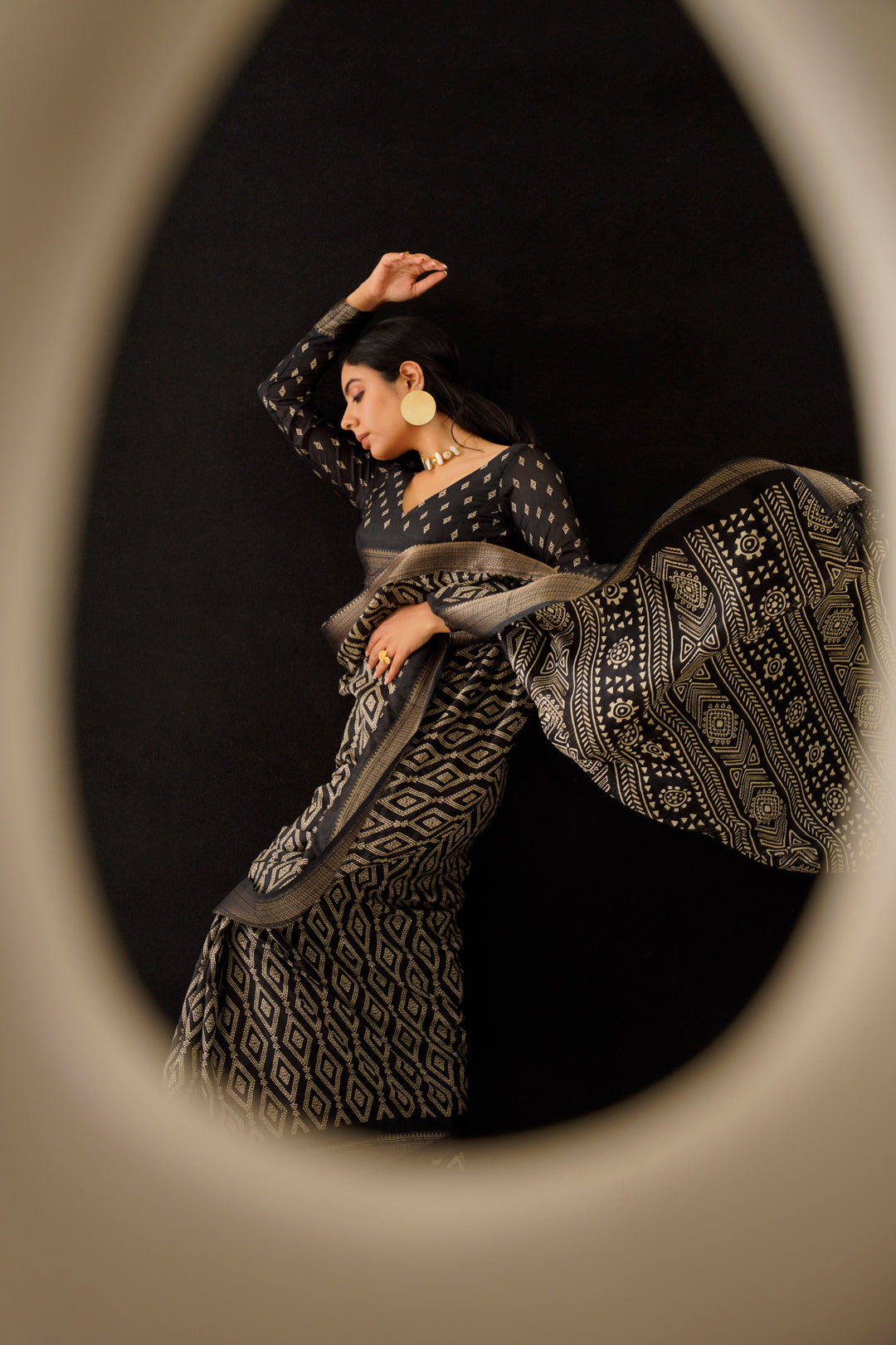 Dhiyona TI Women's Ready To Wear Black Ajarakh Block Printed Saree with Unstitched Blouse