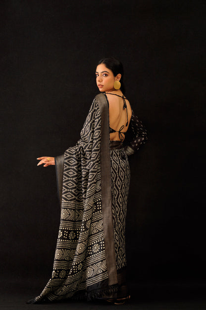 Dhiyona TI Women's Ready To Wear Black Ajarakh Block Printed Saree with Unstitched Blouse
