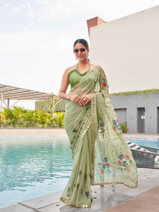 Dhiyona TI Women's Green Colored Hand Printed Chiffon Saree with Unstitched Blouse